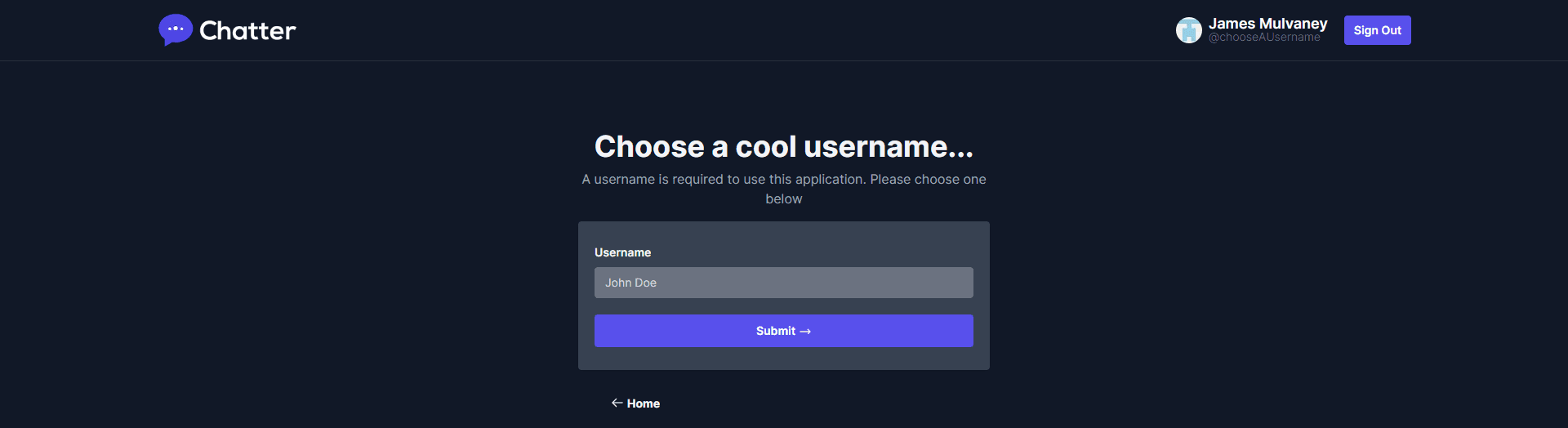 A signed-in user is prompted to choose a username before they can continue.