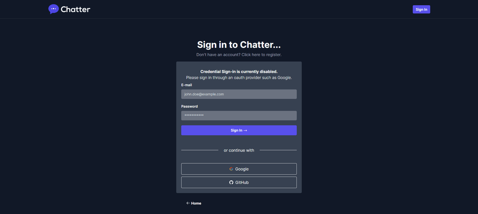 Chatter's sign-in page. There is a section containing a disabled credential sign-in form and below that are two buttons to sign in using Google or GitHub.