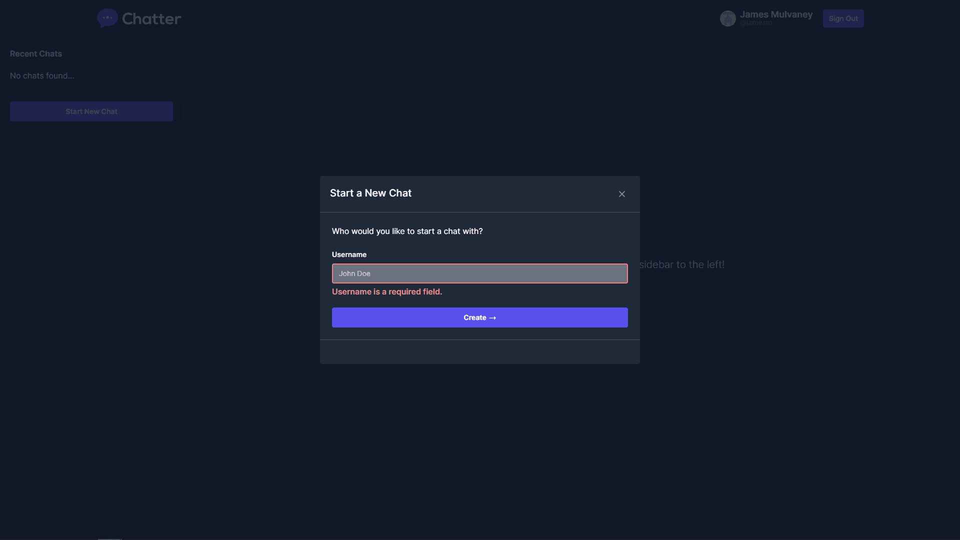 A dialog window is open asking the user who they would like to start a chat with. There is a username field with an error stating 'Username is a required field'.