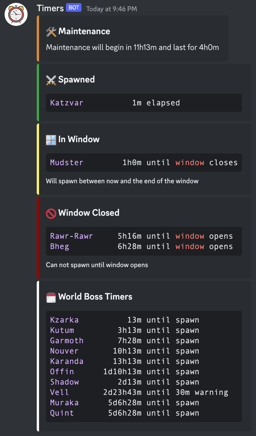 A discord embed sent by a webhook called 'Timers'. The embed is split into five sections: Maintenance, Spawned Bosses, In Window, Window Closed, and World Boss Timers.