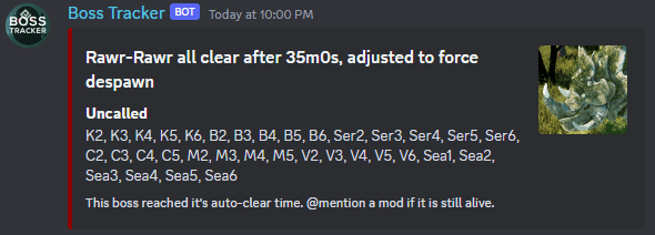 A field boss summary embed similar to the one above. This time the footnote informs users that the boss was automatically cleared by the bot instead of by a moderator.