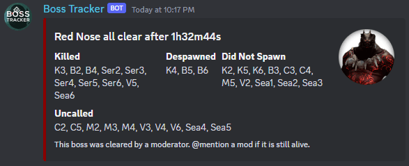 A field boss summary embed sent by the bot. At the top there is a time of text stating the boss's name and how long it took to clear. Below that there is a summary of which channels the boss was killed, despawned, did not spawn, and uncalled on. There is a footnote informing users that this boss was cleared by a moderator.