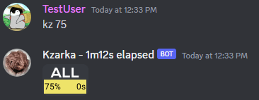A user makes the call 'kz 75' and the bot responds with a new chart. There is one cell indicating all channels that is now yellow and contains the text '75%'.